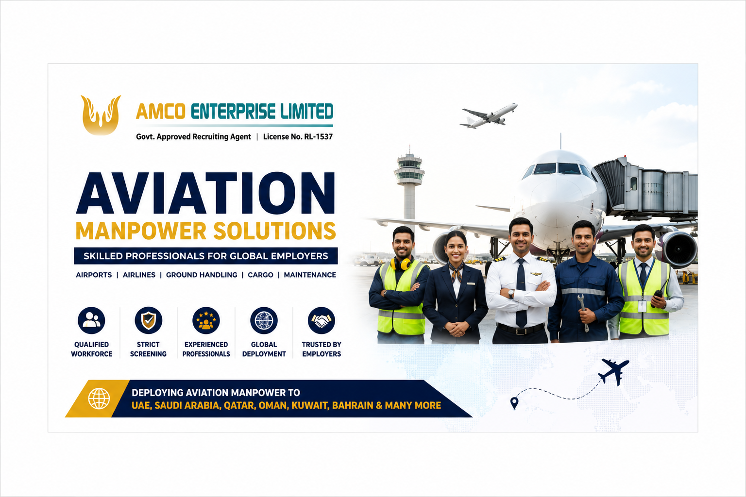 Hire Skilled Aviation Manpower from Bangladesh through AMCO Enterprise Limited for airlines, airports, ground handling companies, aircraft maintenance, and aviation support services worldwide.